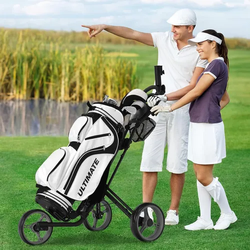 Vista 2 de Tangkula Carrito de golf de empuje, carrito de golf plegable de aluminio ligero de 3 ruedas, carrito de golf con bolsa de almacenamiento y soporte