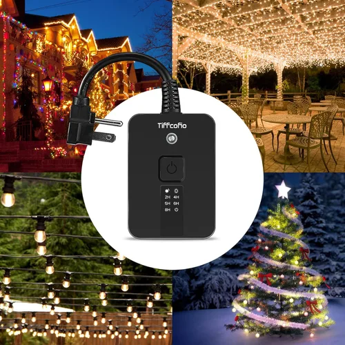 Vista 7 de TiFFCOFiO Temporizador para exteriores impermeable, control remoto con sensor de atardecer a amanecer, 2 tomas eléctricas con conexión a tierra
