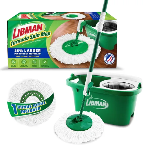 Libman Tornado - Sistema de trapeador giratorio y 1 recambio, trapeador y cubo con escurridor para limpieza de suelos de madera dura, 2 cabezales en
