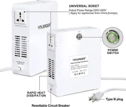 Vista 2 de Yinleader Convertidor de voltaje de 110 V a 220 V transformador elevador utilizando electrodomésticos asiáticos europeos de 220/230/240 voltios