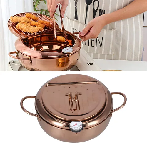 Vista 3 de Olla de freidora de 3.4 L, estilo japonés, mini freidora de acero inoxidable con tapa de termómetro y escurridor de aceite para cocina, papas