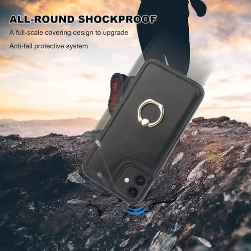 Vista 7 de ONETOP - Funda tipo cartera para iPhone 11 con soporte para tarjetas, anillo de rotación de 360°, bloqueo RFID, piel sintética, doble cierre Negro