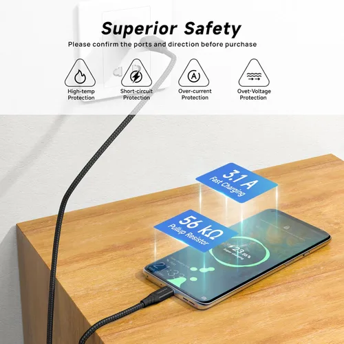 Vista 4 de Cable USB tipo C [4 unidades de 10 pies] USB 3A cable de carga rápida trenzado compatible con Samsung Galaxy A10e A20 A50 A51 A71, S10 S9 S8 Plus