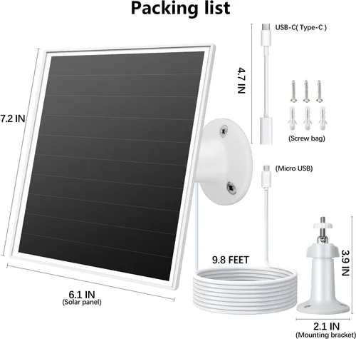 Vista 7 de Panel solar de 6W para cámara de seguridad al aire libre con micro USB y USB-C, cargador de panel solar para cámara de batería, se ajusta a