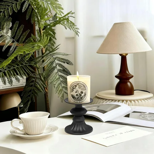 Vista 3 de Juego de 3 portavelas de pilar negro mate, soporte de vela antiguo de metal vintage para pilar y velas LED sin llama, decorativo para centro