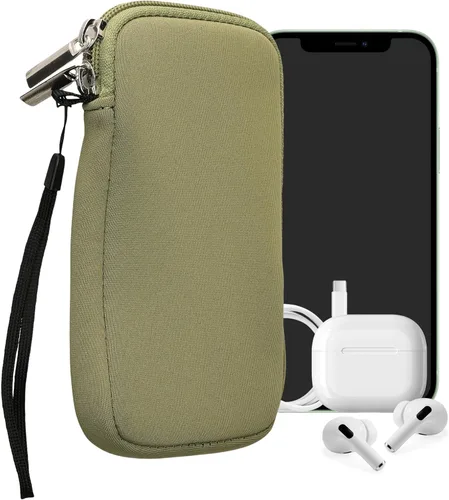 Vista 64 de kwmobile Bolsa de neopreno para teléfono tamaño XL - 6.7/6.8 pulgadas - Funda universal para celular con cremallera, correa para la muñeca, amarillo