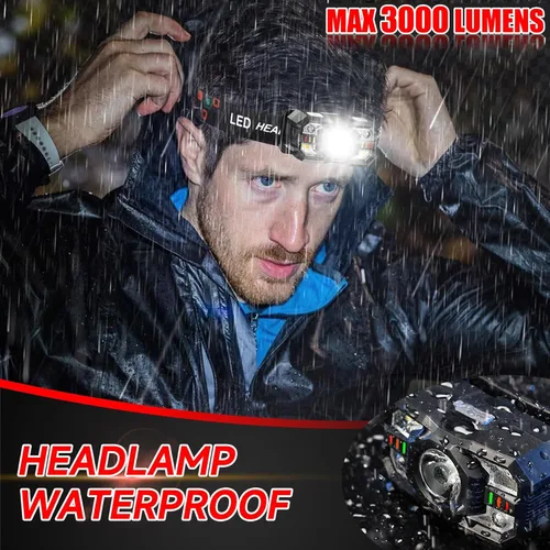 Vista 5 de Linterna Frontal Recargable Paquete de 2, 3000 Lúmenes Linterna Frontal Ultraligera Brillante con Luz Blanca y Roja, Faro LED con Sensor