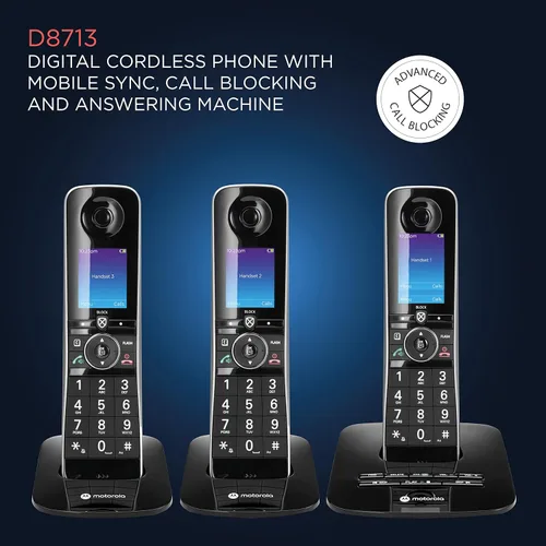 Vista 5 de Motorola Voice D8713 - Sistema de teléfono inalámbrico con 3 teléfonos digitales + Bluetooth a celda, contestador automático, bloque de llamadas