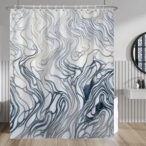 Vista 166 de Baocicco Cortina de ducha de mármol azul abstracto a rayas, decorativa, textura de lujo, línea moderna, decoración de acuarela, juego de cortinas