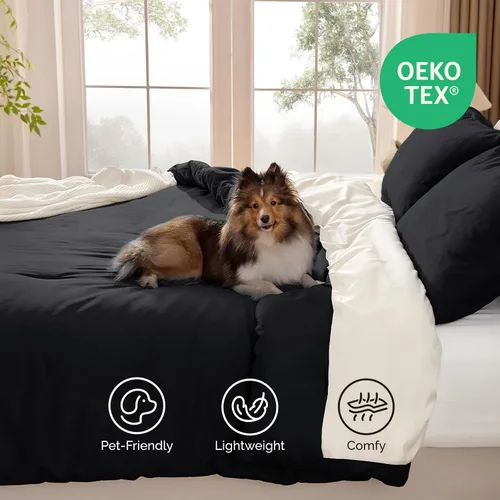 Vista 3 de Andency - Juego de edredón negro tamaño individual, 2 piezas, ropa de cama clásica boho sólida, edredones y juegos, ropa de cama suave y ligera