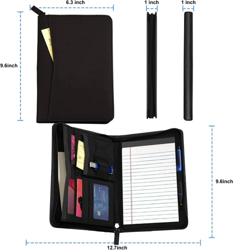 Lcjtop Junior Business Padfolio - Carpeta Portafolio A5 de Cuero PU y Carpeta con Cremallera con Bloc de Notas de 5 x 8 pulgadas y Bolsillo de