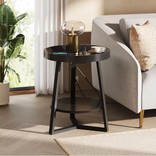 Vista 9 de WLIVE Mesa auxiliar redonda pequeña con estación de carga, mesa auxiliar redonda, mesa auxiliar de 2 niveles para sala de estar/dormitorio, sofá