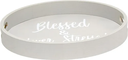 Elegant Designs HG2013-GYS - Bandeja decorativa redonda de madera de 13.75" con asas, Bendecida y nunca estresada, gris