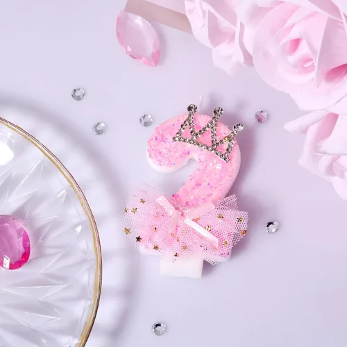 Vista 3 de Velas de número de cumpleaños, velas de malla con lazo de corona de 2.95 pulgadas, velas de números rosas con purpurina, velas de cumpleaños