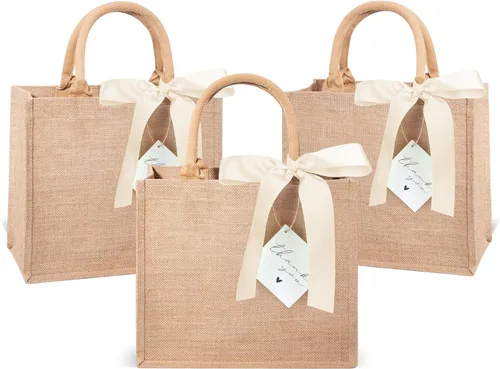 Vista 9 de Paquete de 6 bolsas de arpillera con asas reutilizables pequeñas bolsas de regalo de yute con cintas de seda moradas, forro impermeable para boda