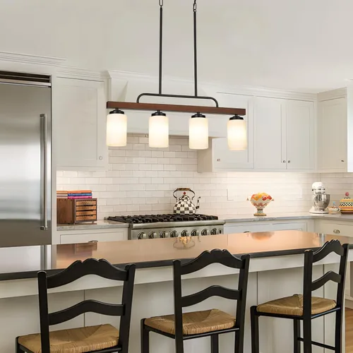 Vista 6 de Lámpara de comedor de granja sobre mesa, iluminación de isla de cocina de madera negra de 4 luces con vidrio blanco leche, lámparas colgantes
