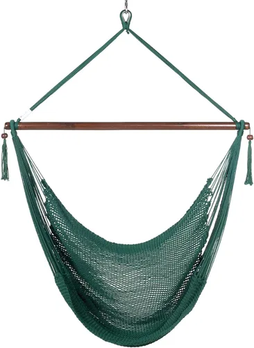 Vista 2 de Larga silla hamaca grande caribeña con reposapiés, 48 pulgadas, poliéster, silla de colgar., Verde