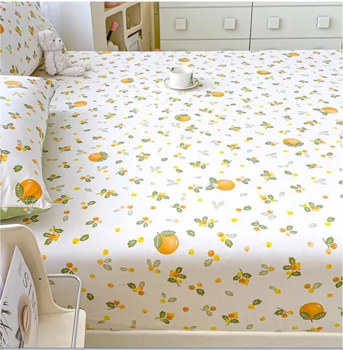 Vista 8 de Sábana bajera ajustable 100% algodón con banda elástica + 2 fundas de almohada con estampado de frutas naranjas, funda de colchón tamaño doble