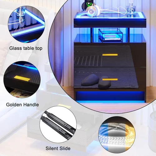 Vista 7 de HNEBC Mesita de noche LED con estación de carga (puertos USB, puertos tipo C), mesa de noche de alto brillo con 2 cajones, mesita de noche
