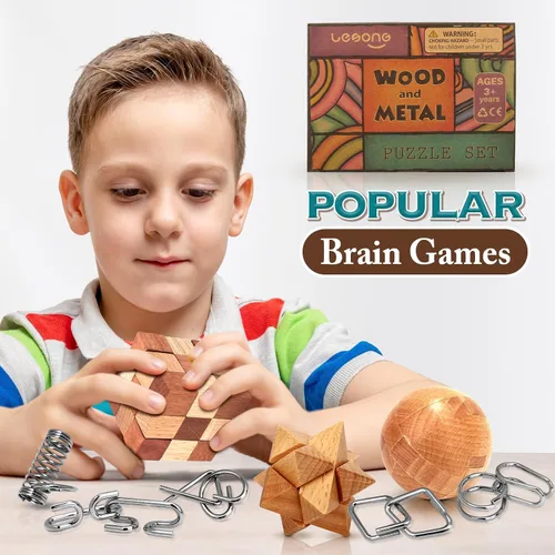 Vista 10 de Rompecabezas de metal de madera, regalos de Pascua para niños y adolescentes, rompecabezas de cerebro desenredado de eslabones de hierro, juego