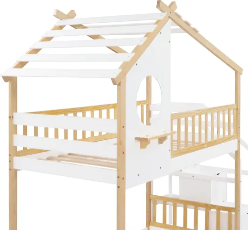 Vista 16 de Cama de casa de tamaño individual con elegantes ventanas y estantería, litera con diseño de castillo de madera con barandillas de seguridad