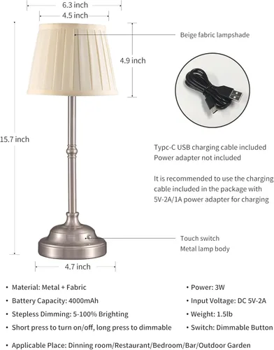 Vista 5 de KDG Juego de lámparas de mesa LED inalámbricas de 2, lámparas de escritorio portátiles con pantalla de tela, batería recargable de 4000mAh