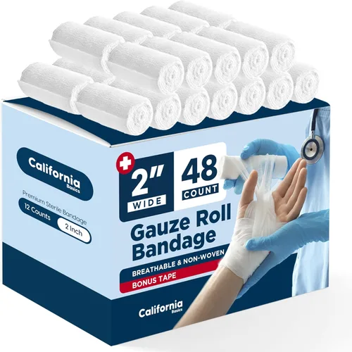 Vista 10 de California Basics Paquete de 12 rollos de vendaje de gasa con cinta, 2 pulgadas x 4 yardas, envoltura suave, elástica y transpirable para el cuidado