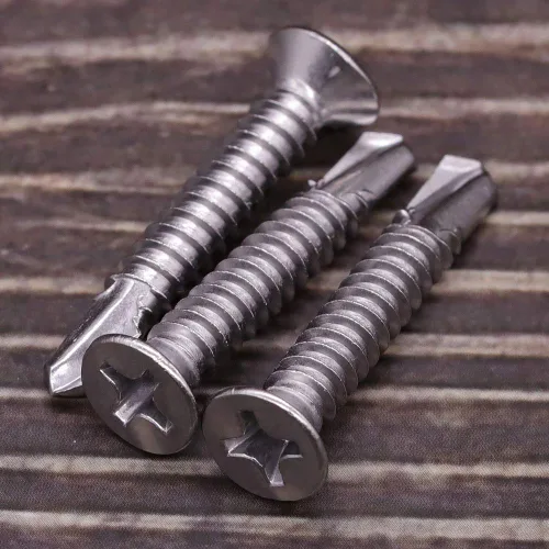 Vista 2 de Tornillos autoperforantes Phillips planos #6 x 1 para metal, tornillos Tek de chapa de acero inoxidable 410, cabeza avellanada, autoadhesivos