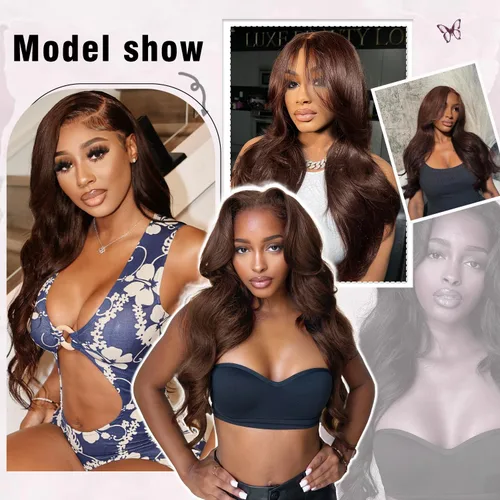 Vista 4 de Pelucas de cabello humano de 22 pulgadas con encaje frontal color marrón chocolate, pelucas de cabello humano sin pegamento, 200% de densidad, sin