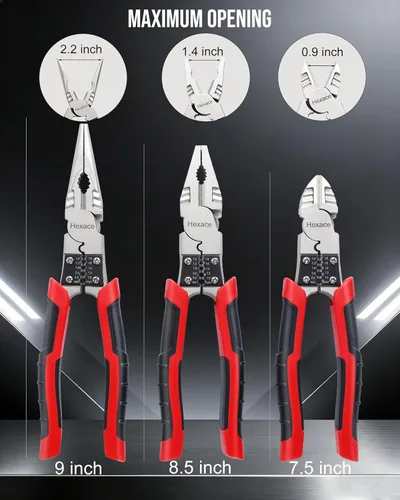 Vista 4 de Juego de 3 alicates multiusos, incluye linieros de 8.5 pulgadas, punta de aguja de 9 pulgadas y cortador lateral diagonal de 7.5 pulgadas