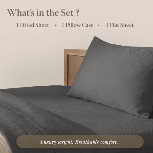 Vista 4 de Threadmill Sábanas para Cama Individual – 800 Número de Hilos Jacquard Celine Gris Oscuro, 100% Algodón Natural Juego de Cama de 3 Piezas a Rayas