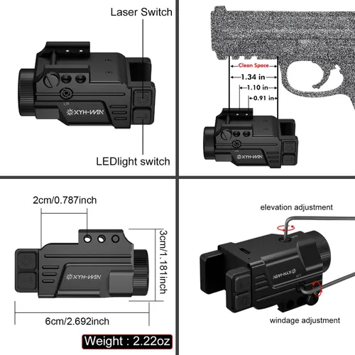Vista 4 de Combo láser de luz de 600 lúmenes con función estroboscópica, mira láser azul de carcasa de aluminio y luz de arma para pistola se adapta a riel