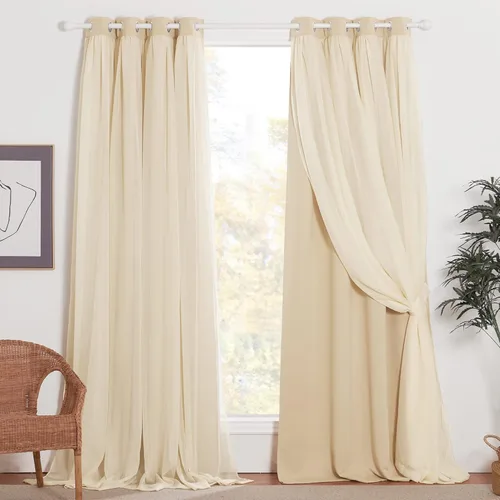 Vista 6 de NICETOWN Cortinas opacas de gasa aplastada de doble capa con bloqueo de luz y 4 alzapaños para ventana de dormitorio de niñas, cortinas para sala