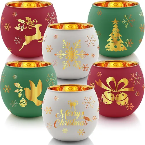 Vista 9 de Juego de 6 portavelas votivas de Navidad, portavelas de cristal rojo, verde y blanco con 6 patrones de grabado láser para decoración de mesa