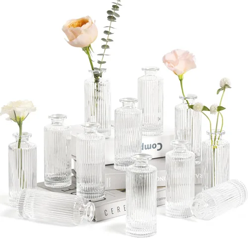 Vista 10 de ComSaf Jarrones Pequeños para Flores, Mini Jarrones de Cristal Transparente al por Mayor, Mini Jarrón de Flores de 5.2 Pulgadas de Alto, Jarrones