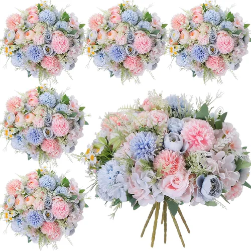 Vista 19 de Tigeen - Ramo de flores artificiales para boda, 6 paquetes, color azul