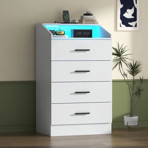 Vista 8 de Gyfimoie Cómoda de 3 cajones para dormitorio con toma de corriente, cómoda blanca con luz LED, cómodas modernas con cubículo de almacenamiento