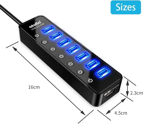 Vista 6 de Hub USB 3.0 alimentado, divisor de concentrador de datos USB de 7 puertos Atolla con un puerto de carga inteligente e interruptores individuales