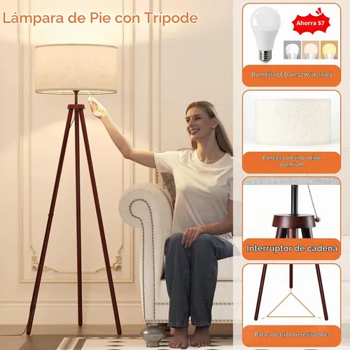Vista 3 de LiteHistory Lámparas de pie de trípode de madera para sala de estar, dormitorio y oficina, lámpara de pie con pantalla de lino beige, bombilla