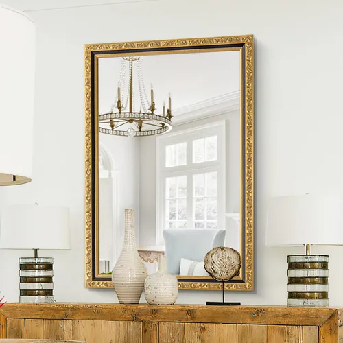 Espejo vintage negro dorado, 40 x 28 pulgadas, espejo rectangular de pared antiguo con marco de madera ornamentada, espejos decorativos para sala de