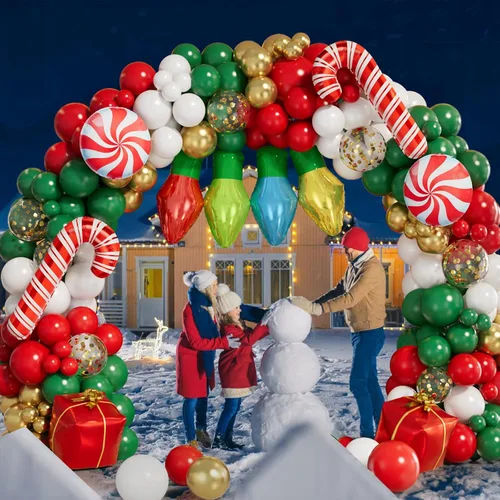 Vista 3 de Kit de arco de guirnalda de globos de Navidad de 145 piezas con globos de confeti de Navidad, rojo, blanco, verde, dorado, bombilla, caja de regalo