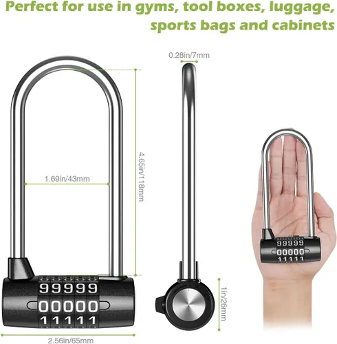 Vista 2 de KeeKit Candado combinado de 5 dígitos, candado restablectable de grillete de 4.65 pulgadas de largo, cerradura de gimnasio alargada impermeable