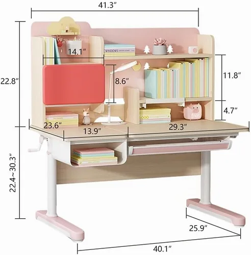 Vista 3 de FCD Mesa de estudio ergonómica de madera de altura ajustable para niños, mesa de redacción para computadora, estantería incorporada, multifunción