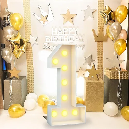 Vista 2 de Números blancos iluminados de 4 pies con luces para decoración de fiesta de primer cumpleaños, marco grande de mosaico de marquesina con ranuras