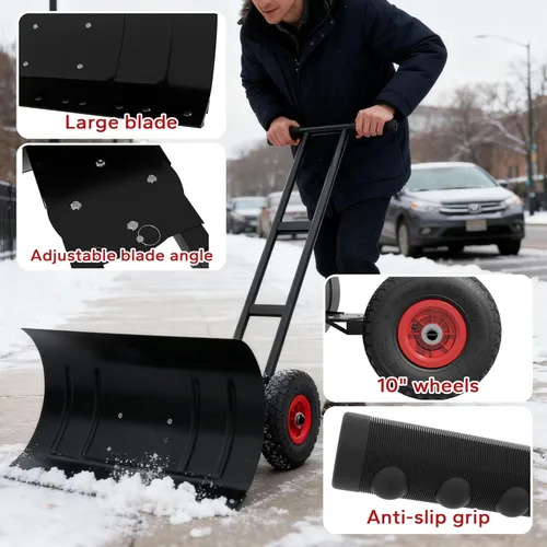 Vista 7 de Pala de nieve de 29" con ruedas para personas mayores, quitanieves que alivia la espalda con cuchilla inclinada de 7 posiciones y ajuste de altura