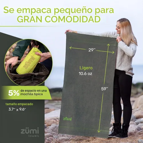 Vista 5 de Zumi Toalla de viaje 100% algodón de secado rápido, suave, delgada, compacta, altamente absorbente, toalla de camping ligera para playa, gimnasio