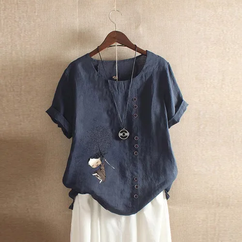 Vista 2 de Camisas de lino para mujer, blusas sueltas de lino para mujer, blusa de mezcla de algodón de manga corta para verano