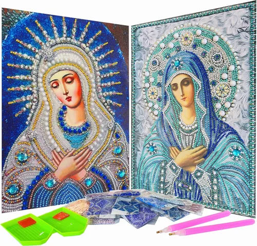 Paquete de 2 kits de pintura de diamantes 5D virgen María, diamantes de imitación de resina de resina para decoración de pared, lienzo de 12 x 16