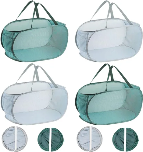 Vista 10 de 2 cestas de malla para la ropa sucia, canastas plegables para la ropa sucia, 75 litros, cesta de almacenamiento horizontal con bolsillo lateral