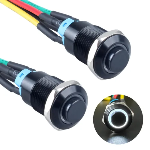 Vista 16 de 2 interruptores de botón con pestillo de 0.472 in con cable pre-soldado de 5.9 in 1NO 12V-24V ON-Off para orificio de montaje de 1/2 pulgada, anillo